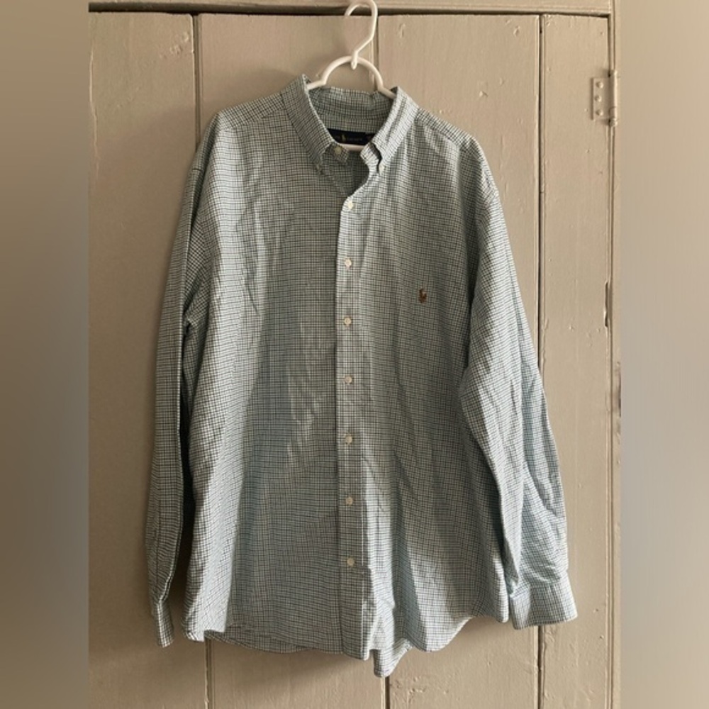 Ralph Lauren Shirt Mens 2XB Big Green White Blue Button Down Check Pony Casual